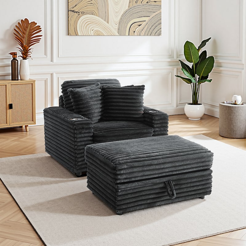 Modern Oversize Plush Corduroy Accent Chair Chaise Lounge with Storage Ottoman