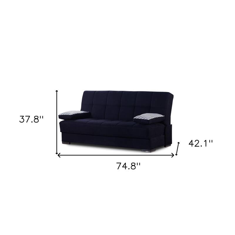 HomeRoots 75" Black Chenille Convertible Futon Sleeper Sofa And Toss Pillows With Storage