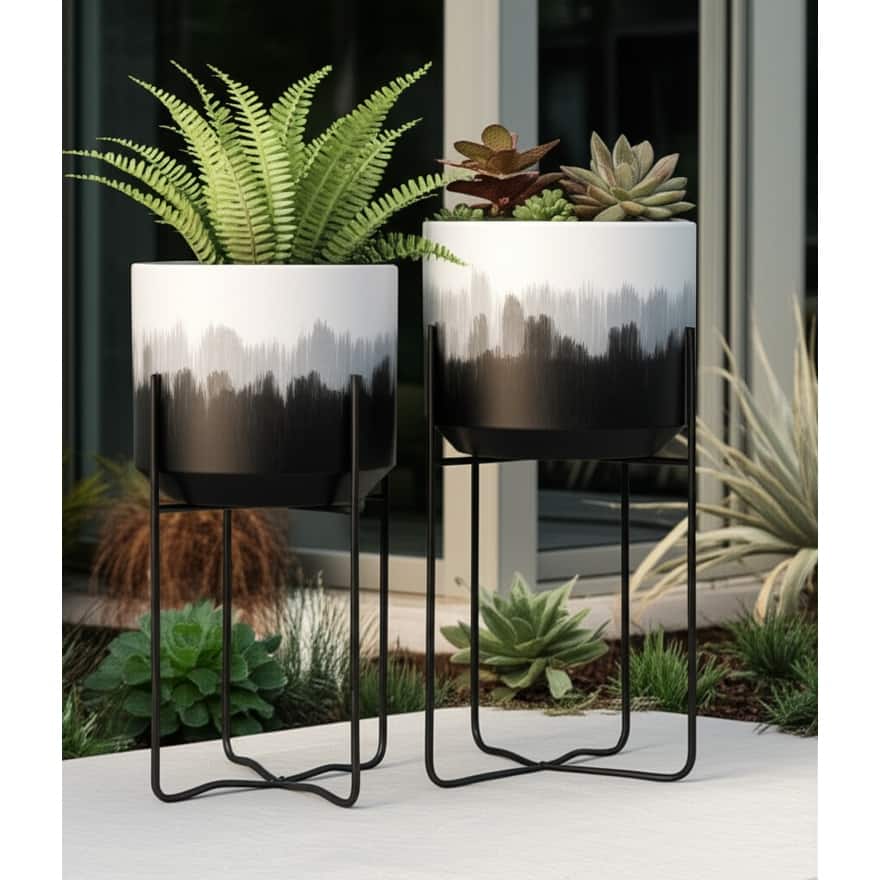 Metal Planters Sleek Modern Stands Decorative Accent Design (Set of 2)