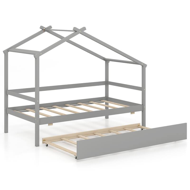 Gymax Twin House Bed w/ Trundle w/ Roof & Fence Rails Wooden Platform
