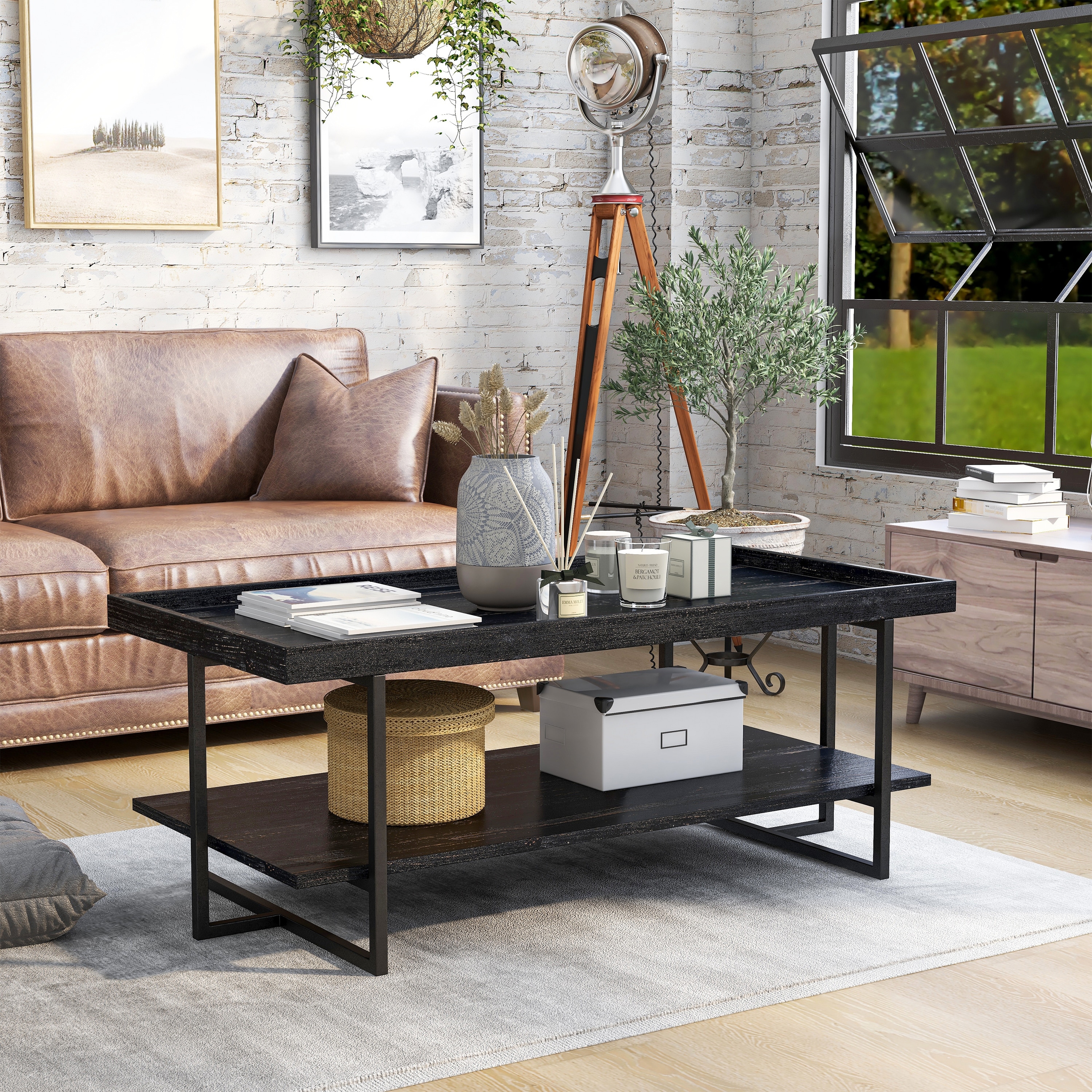 Furniture of America Alivia Rustic Black 47-inch Steel 1-Shelf Coffee Table