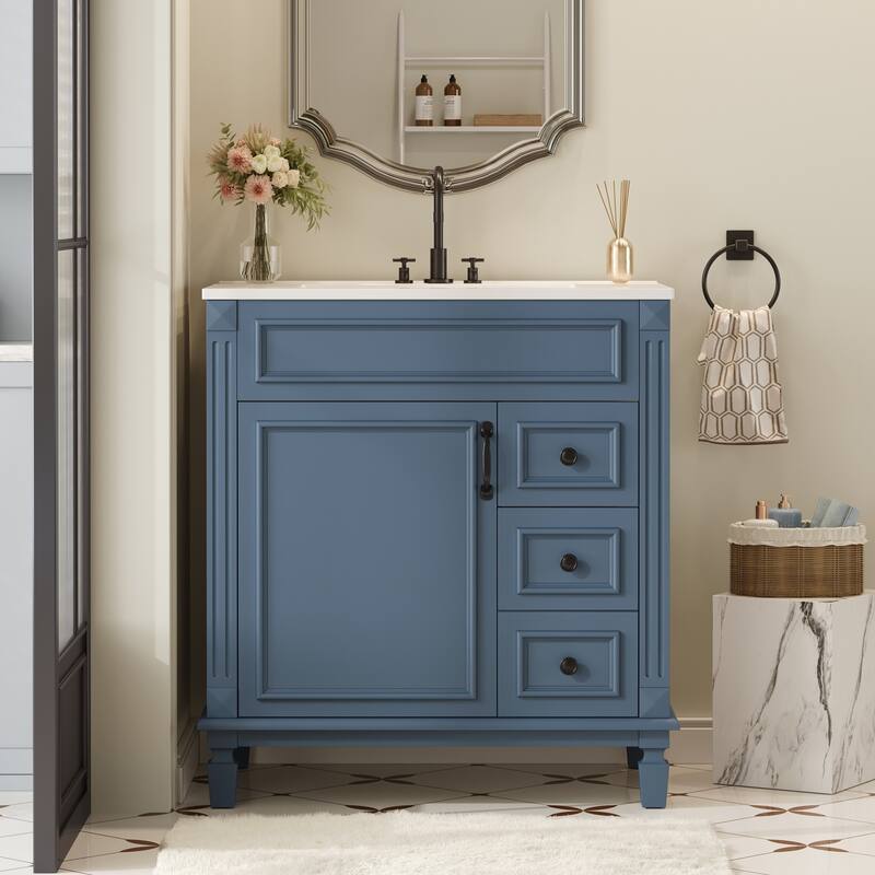 30" Modern Bathroom Vanity with Ceramic Sink - Small Space Cabinet with 2 Soft-Close Drawers & Adjustable Shelf