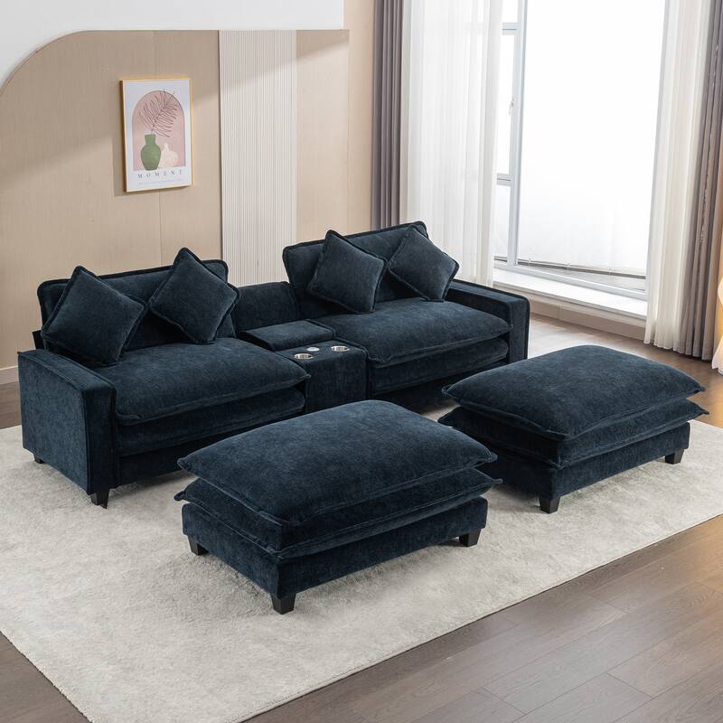 111" Chenille Sectional Sofa with 2 Ottomans, 2 USBs, 2 Cup Holders, Storage, Blue