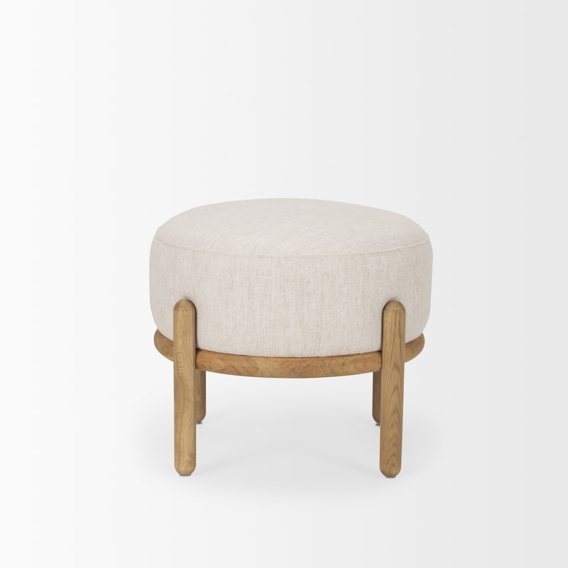 Gwynn Beige Fabric w/ Light Brown Wood Pouf