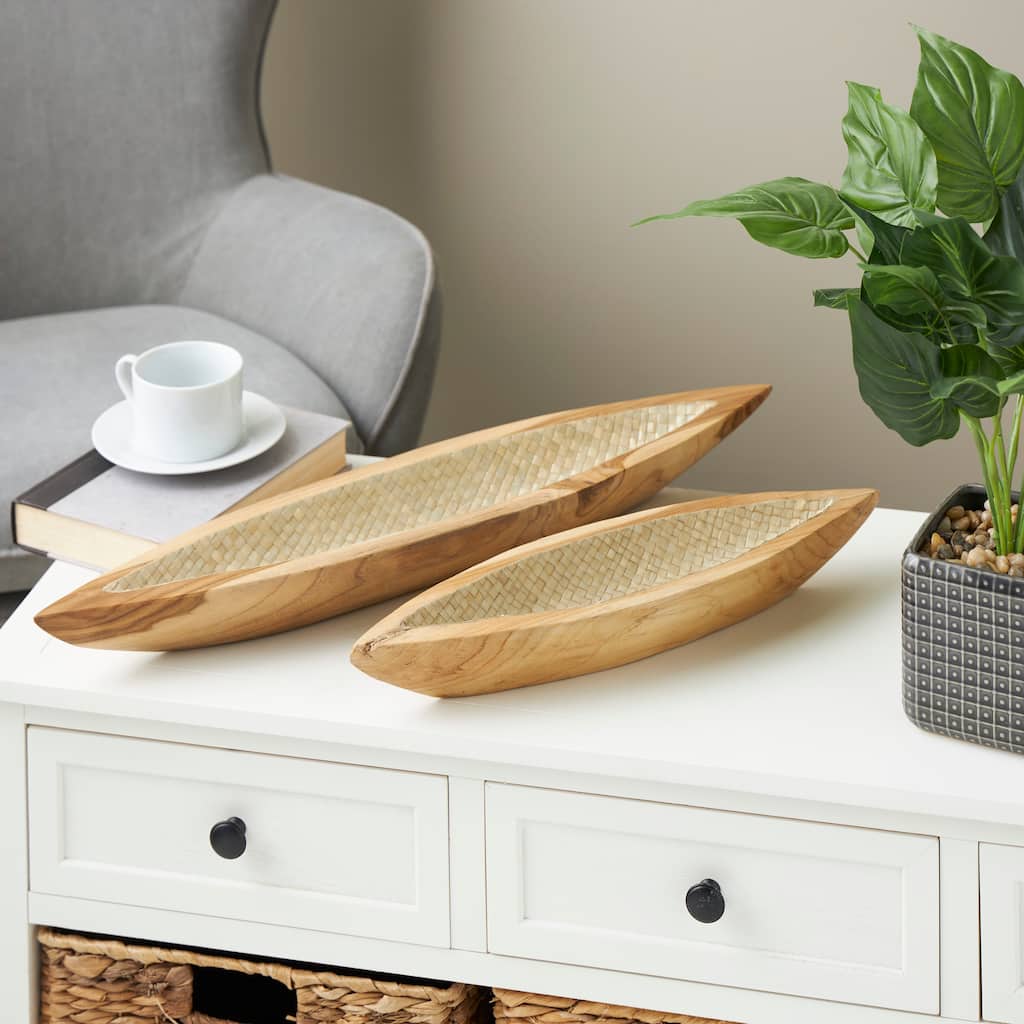 Brown Teak Wood Handmade Carved Boat Living Room Decor Tray with Woven Palm Leaf Interior (Set of 2)