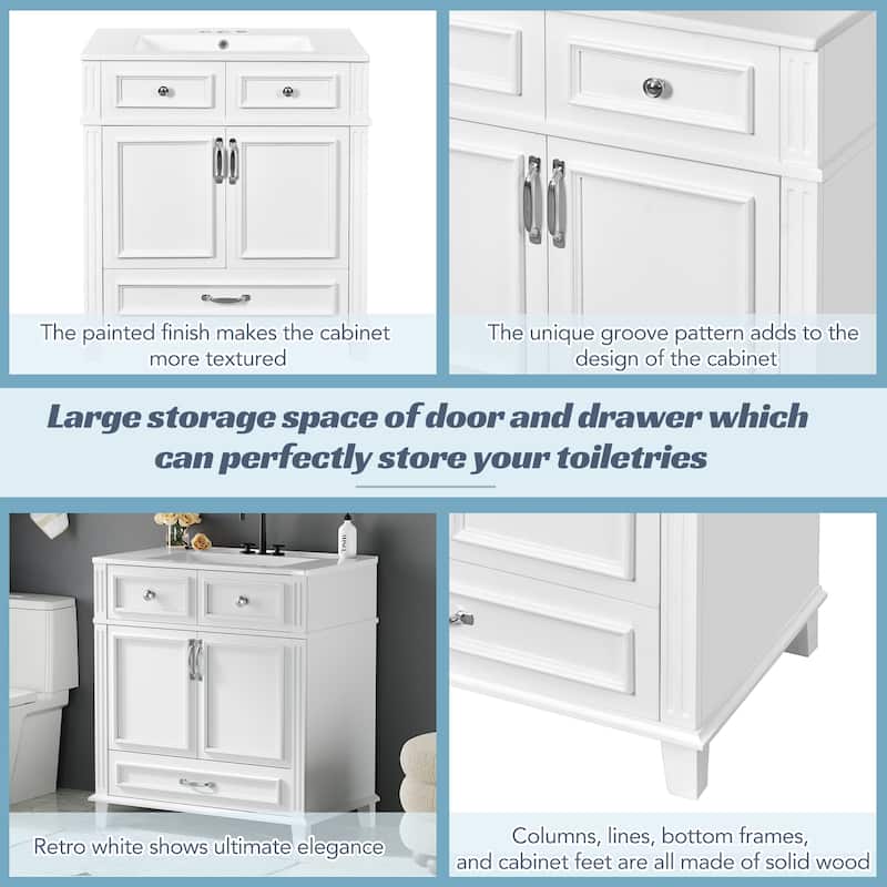 30''Bathroom Vanity With Ceramic Sink,Solid Wood Frame Bathroom Storage Cabinet With Soft Closing Doors,Retro Style