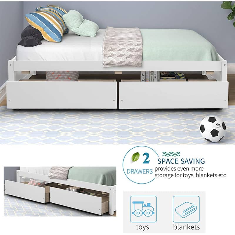 Twin Platform Bed Frame with 2 Storage Drawers, Wood Twin Bed Frames for Kids Toddler Girls Boys