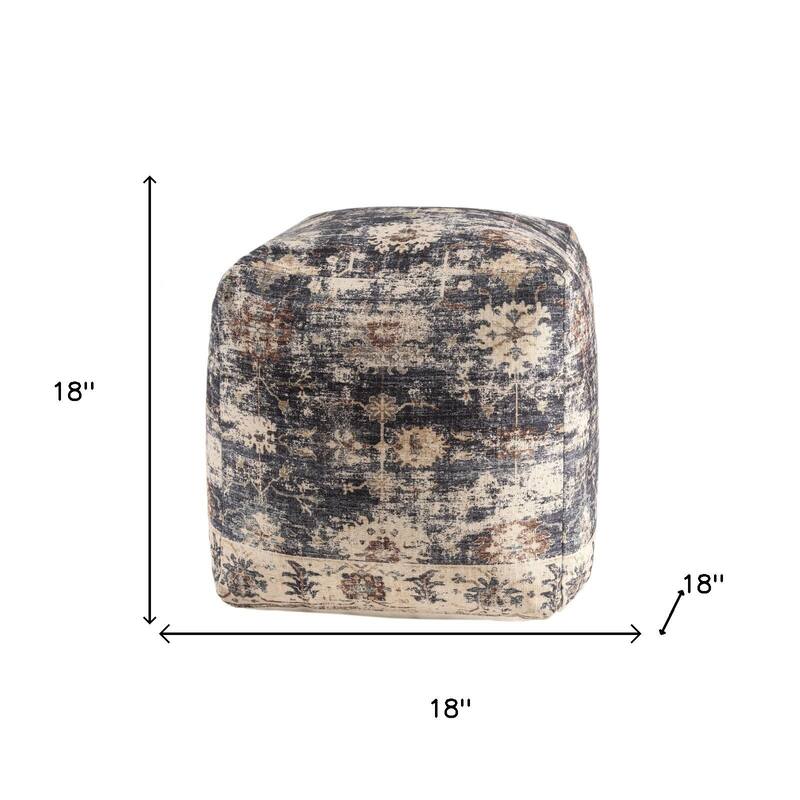 HomeRoots 18" Navy Blue and Tan Medallion Pouf Ottoman