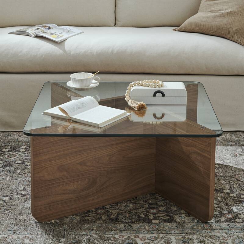 Mid-Century Modern Square Coffee Table Industrial Minimalist Glass Coffee Table with Tempered Glass Top, for Living Room