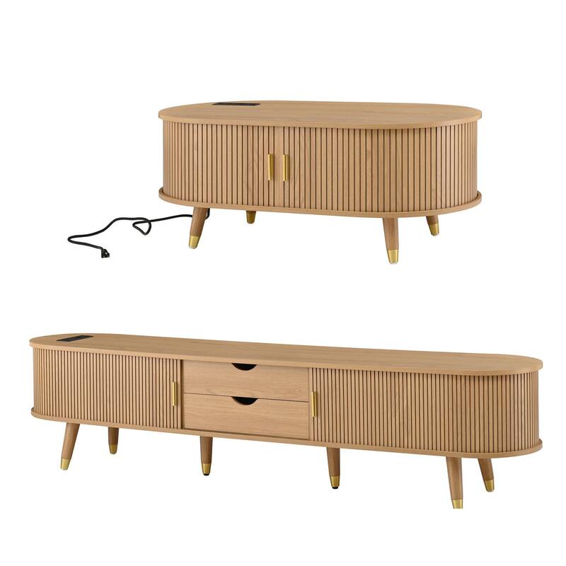 Wooden TV Stand and Coffee Table Set of 2, Sliding Door TV Cabinet TV Console with Charging Station for TVs up to 80", Natural