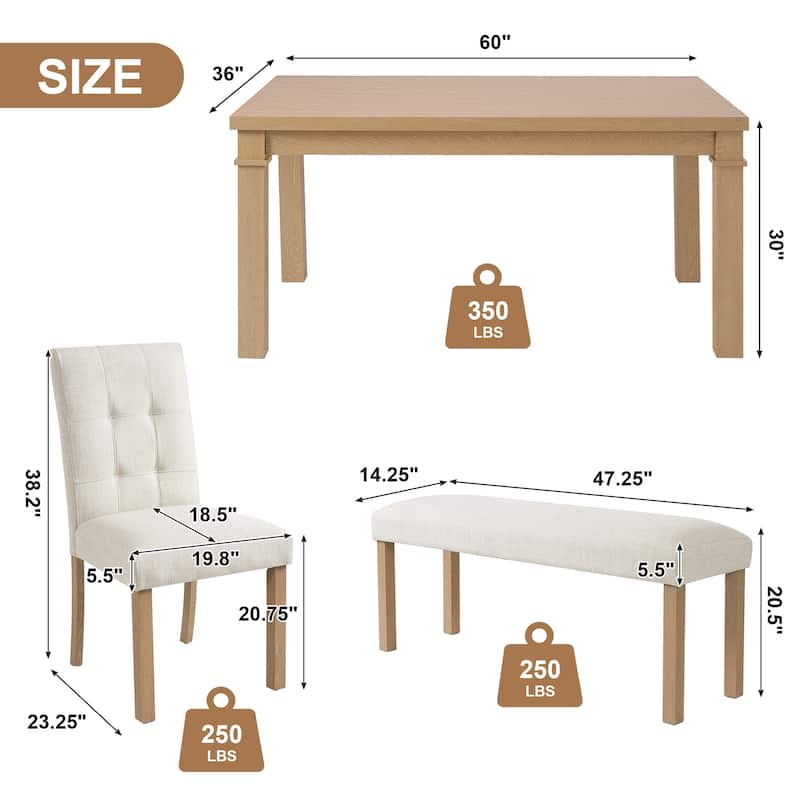 6-Piece Modern Dining Set, Rectangle Kitchen Table with 4 Upholstered Chairs & Bench, Ideal for Dining Room and Living Room
