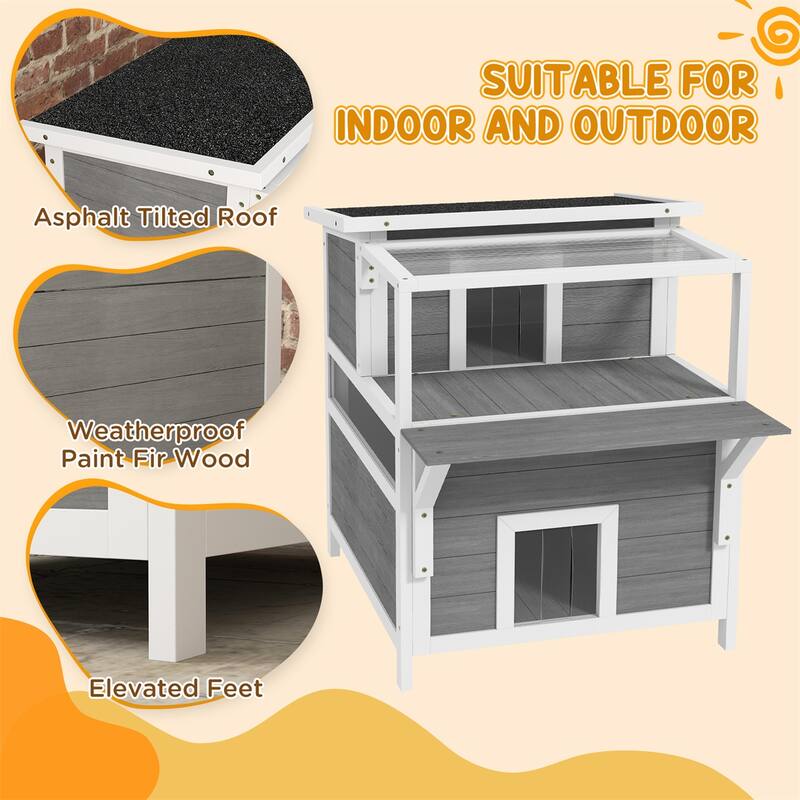 Fir Wood Cat House Indoor Outdoor With Balcony And Observation Window - 25.2" W x 34.3" D x 29.9" H