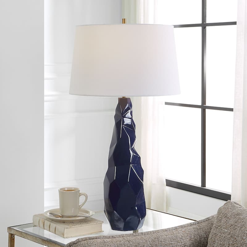 Abstract Geometric Glossy Table Lamp with Tapered Drum Shade- 31" - Navy Blue