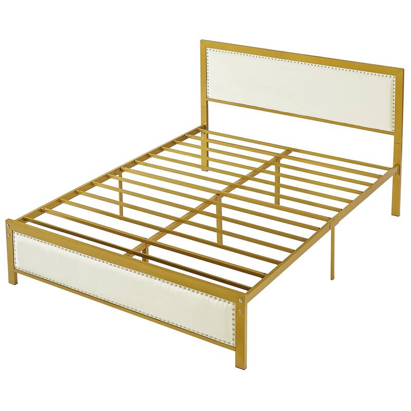Metal Bed Frame with Linen Upholstered Nailhead Headboard, Platform Bed with 12.6" Under Bed Storage, No Box Spring Needed