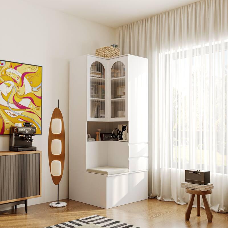 Entryway Cabinet Tempered Glass DoorsStorage Bench with Cushion, Modern Mudroom Hall Tree Organizer with Hidden Storage