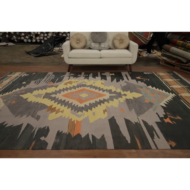 Hand Woven Oriental 100% Wool Carpet Southwestern Tribal Greys & Charcoal Kilim Area Rug - 12' 4'' X 8' 6''