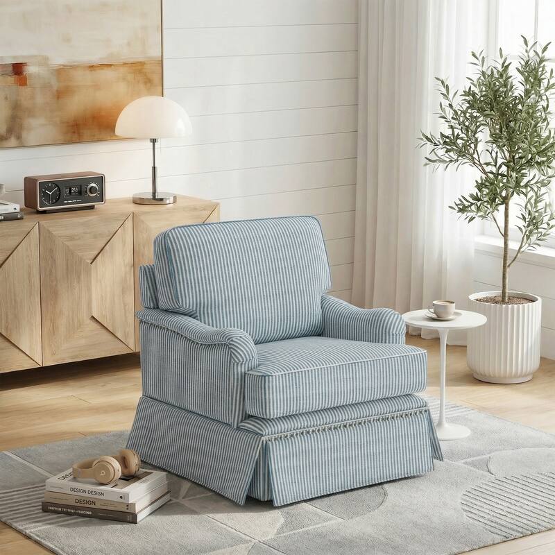 Modern Chenille Swivel Armchair and Storage Ottoman - Single Chair - Pinstripe Blue