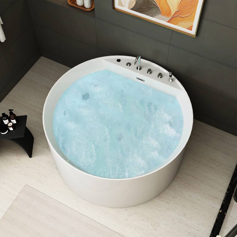 47 in. Freestanding Acrylic Whirlpool Bathtub with 6 Jets, Chromatherapy LED Lighting, 4-Hole Faucet Kit, Center Drain