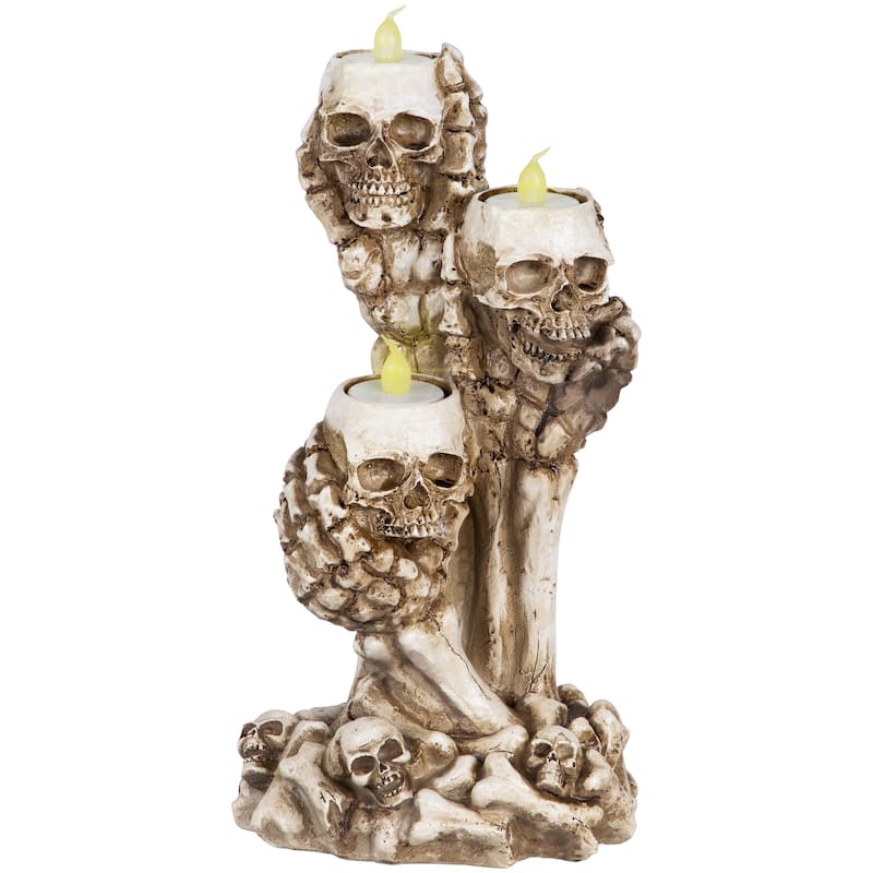 Triple Skulls and Bones Halloween Tea Light Candle Holder - 12"