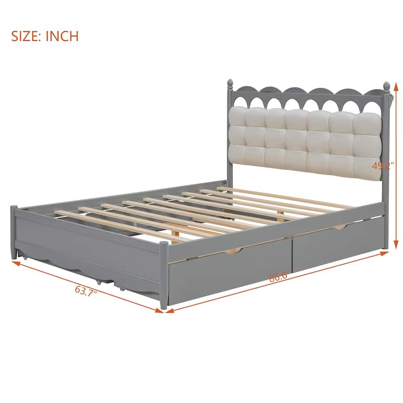 Queen Size Wooden Platform Bed with Sockets and USB Ports, Solid Pine Wood Storage Bed Frame with 2 Drawers and Twin XL Trundle