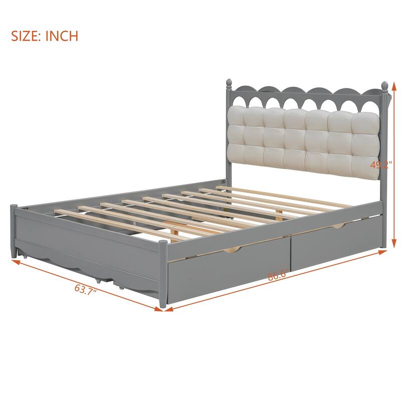 Queen Wooden Storage Platform Bed with Trundle, 2 Drawers, USB Sockets