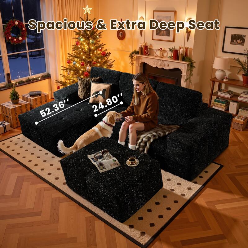 HOOOWOOO Modern Sparkly Velvet Fabric Chaise Sofa Couch with Ottoman