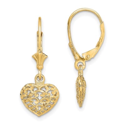 Curata 14k Gold 3 d Mini Sparkle Cut Puffed Love Heart Leverback Earrings Jewelry Gifts for Women