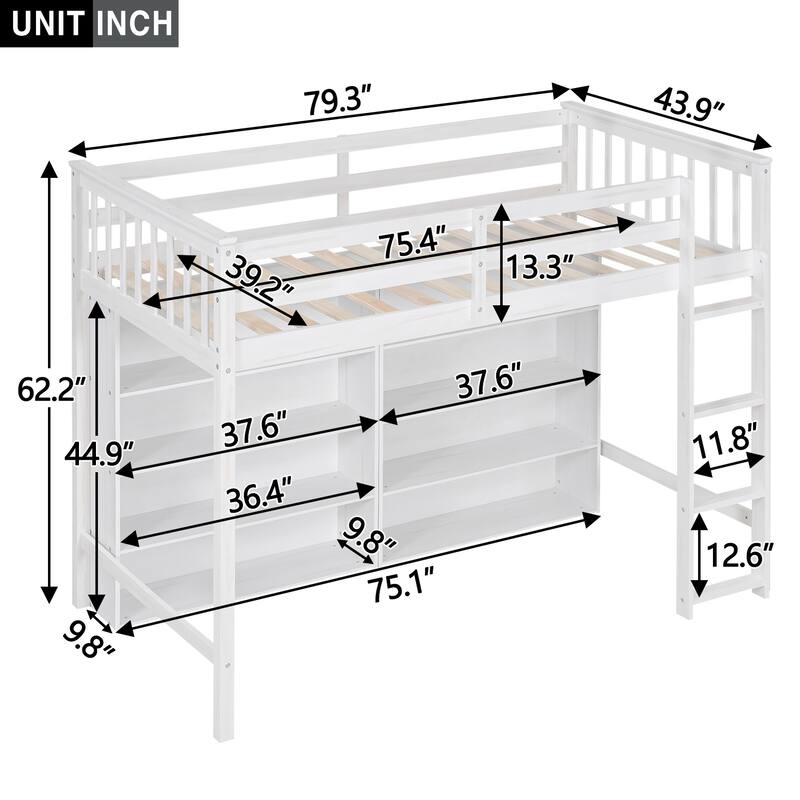 Twin or Full Size Loft Bed with 8 Shelf