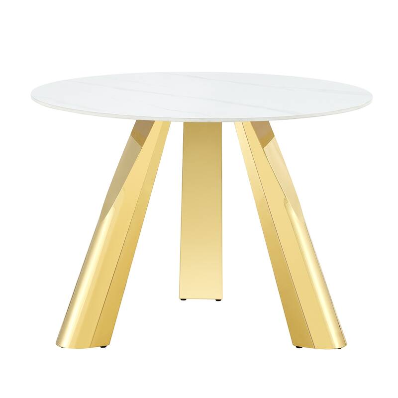 Modern Luxury Round Sintered Stone Dining Set Gold Metal Base + 4 Black PU Upholstered Chairs Elegant Contemporary Collection