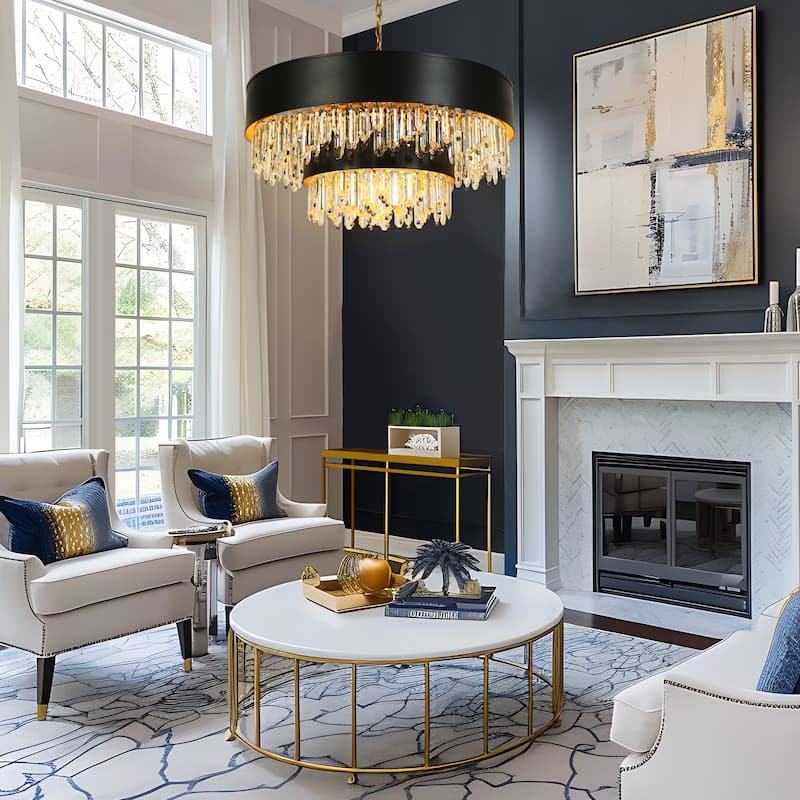 Modern Black Gold 18-Light 2-Tier Drum Crystal Chandelier for Dining Living Room Hallway - 31.5" Dia. x 18.3" H
