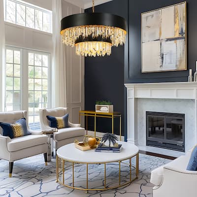 Modern Black Gold 18-Light 2-Tier Drum Crystal Chandelier for Dining Living Room Hallway - 31.5" Dia. x 18.3" H