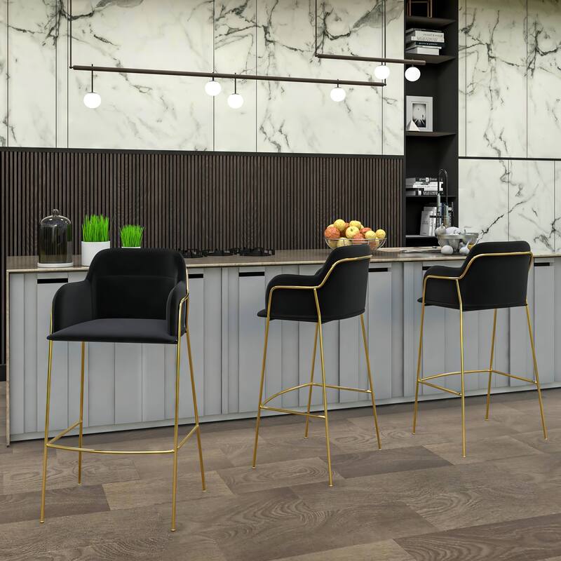LeisureMod 40" Low-Back Velvet Upholstered Bar Stool with Gold Stainless-Steel Frame for Home Living Room Kitchen & Bar