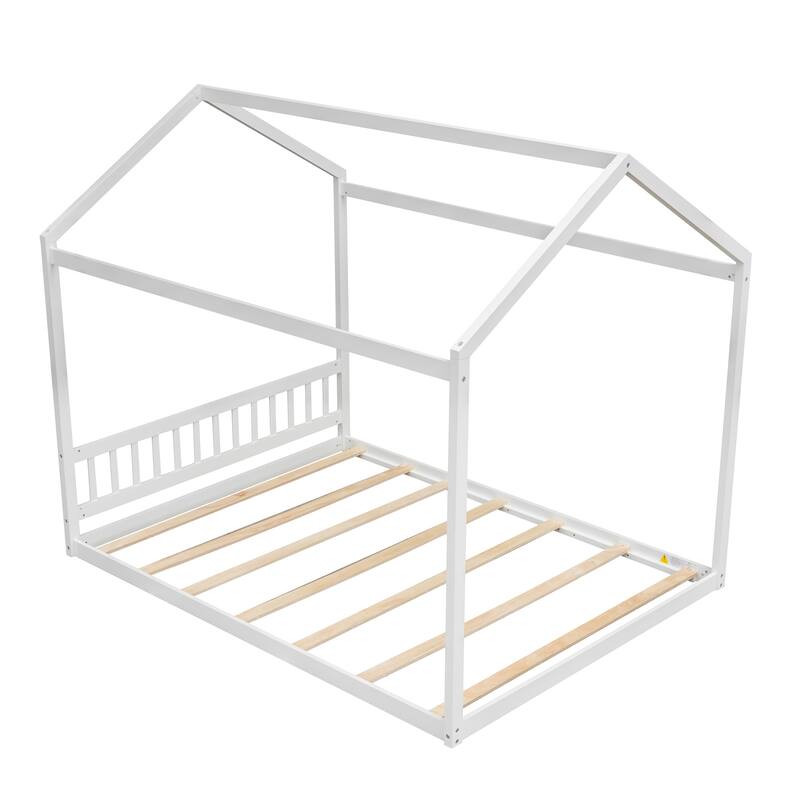 White Queen Size House-Shaped Wooden Bed with Headboard