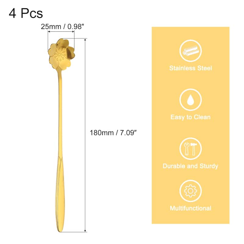 4Pcs 7" Stainless Steel Long Handle Flower Teaspoon Coffee Spoon - Gold