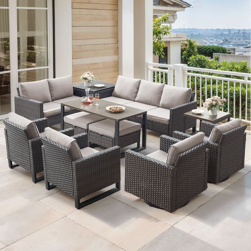 Gymojoy 9-11 Person Outdoor Courtyard Wicker Family Party Conversation Set Group With Swivel Chairs And 52" Table