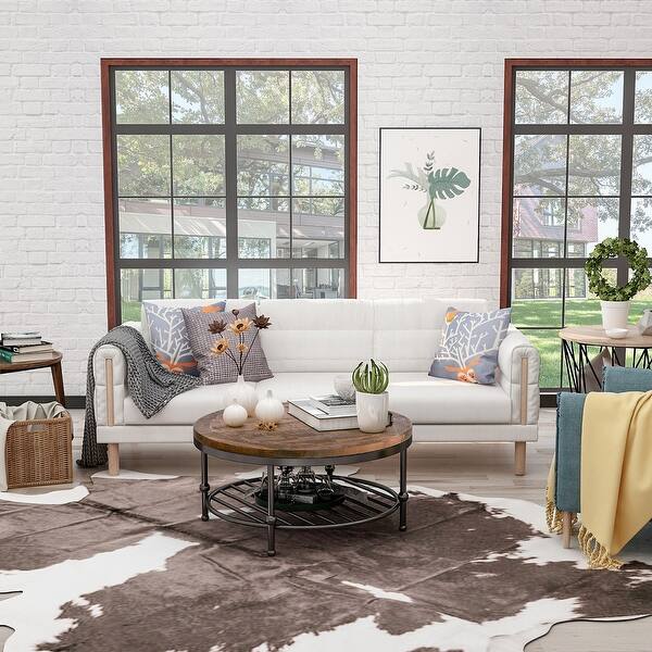 Shop Rustic Natural Round Coffee Table With Storage Shelf For