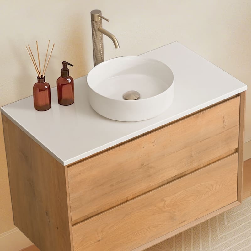 36"48"60"72"84" Floating Bathroom Vanity Quartz Counter Top with Round Ceramic Vessel Sink