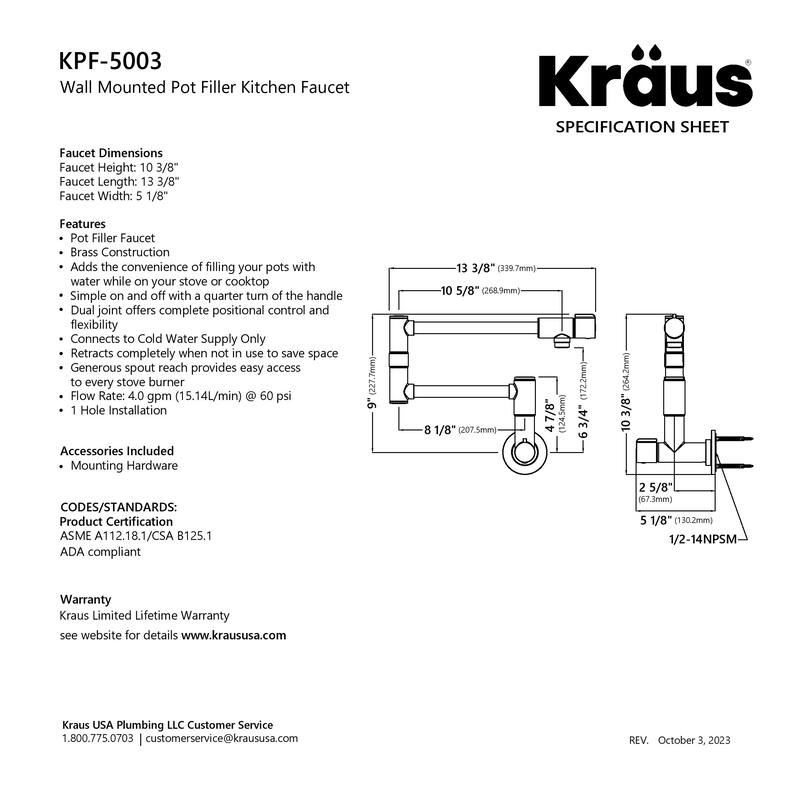 KRAUS Bolden 2 Handle Wall Mount Pot Filler Faucet w/ Retractable Arm