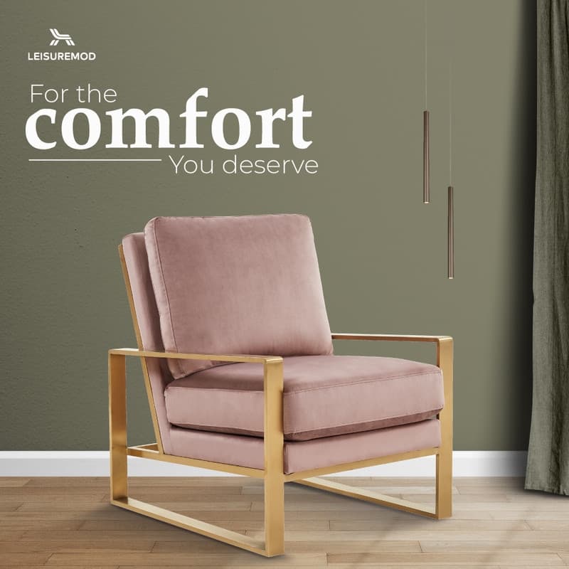 Jefferson Modern Velvet Accent Chair with Brushed Gold Frame, Removable Cushions, and Floor Protectors for Living Room or Office