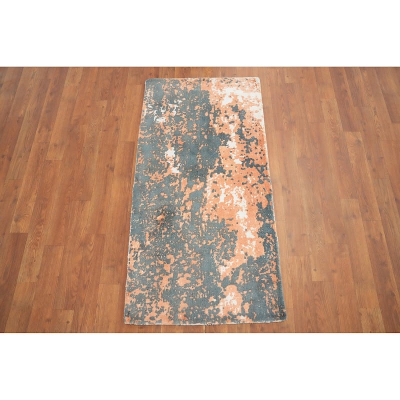 Hand Knotted Oriental Viscose Silk Carpet Modern Abstract Oranges & Rust Abstract Area Rug - 4' 0'' X 2' 0''