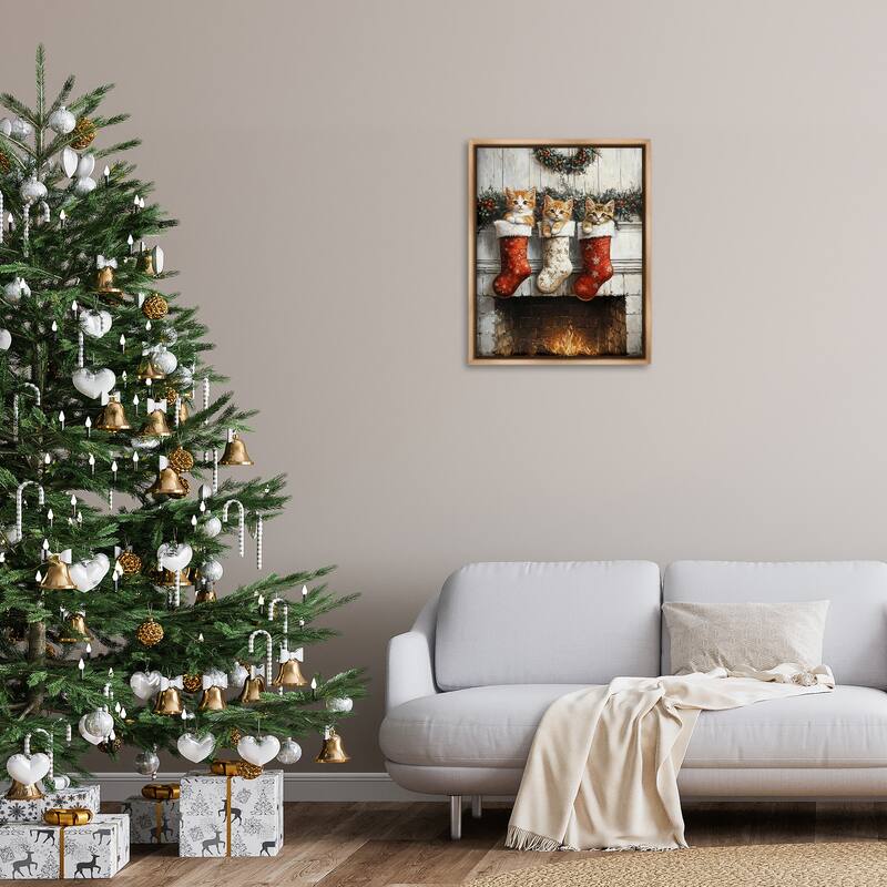 Stupell Christmas Kittens in Stockings Framed Floater Canvas Wall Art Design By Arlington Prints