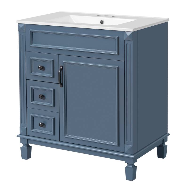 30" Bathroom Vanity With Ceramic Sink, Small Bathroom Sink Cabinet, Modern Cabinet With 2 Drawers And Adjustable Shelf