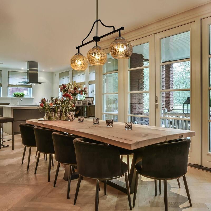 Modern Glam 3/6-Light Black Gold Linear Chandelier Kitchen Island Pendant Lights with Mercury Glass - 3-Light