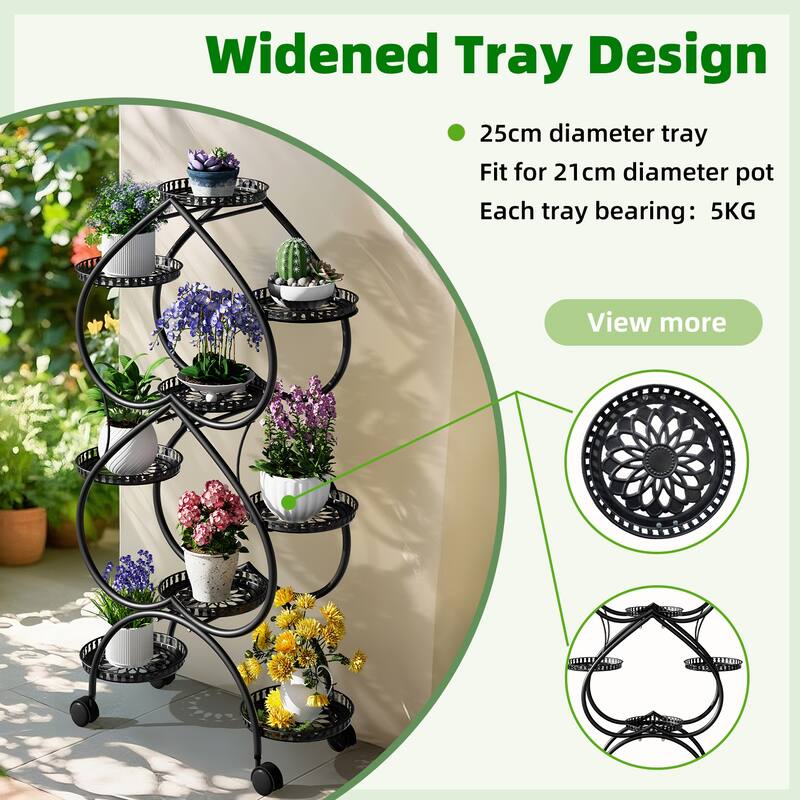 Large Double-heart Black Metal Plant Stand 9-Potted Flower Holder with Mobile Wheels Display Rack - 28.74x11.81x48.82 in