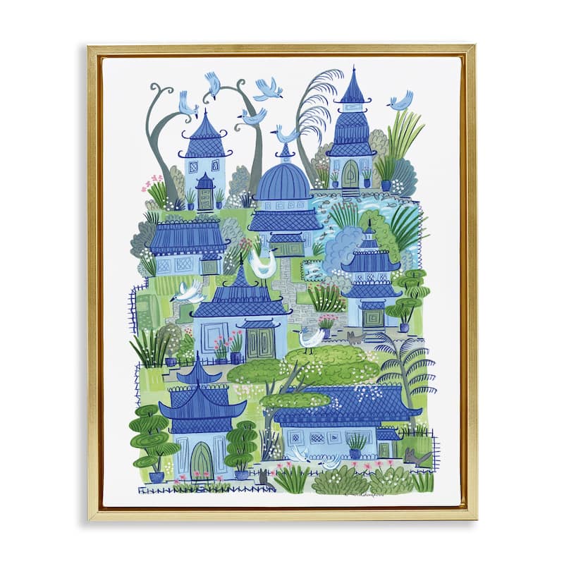Stupell Charming Village Buildings Framed Floater Canvas Wall Art Design By Kay Widdowson - 17 x 21 - Gold