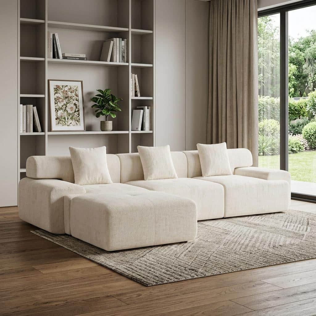 HomeRoots 118" Beige Chenille Modular Sofa With Ottoman And Toss Pillows