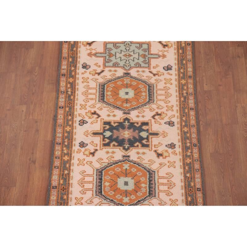 Geometric Pink Kazak Runner Rug Handmade Oriental Wool Carpet - 2'7"x 9'11"