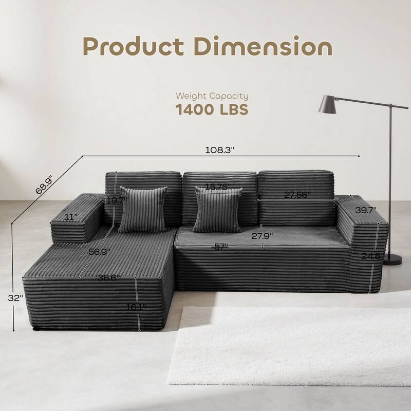 Gymojoy 108" Compressed Sofa Sectional Couch, 1400lbs Weight Capacity L-Shape Chaise Corduroy Couch for Living Room, No Assembly