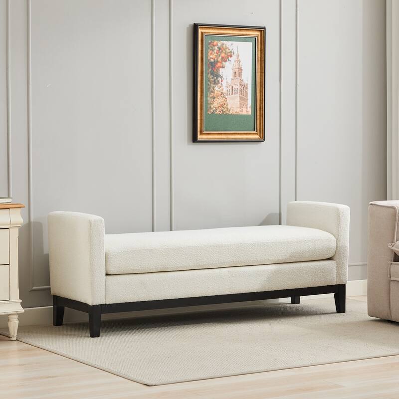 66.34" W Upholstered Bench with Pillows End of Bed Ottoman with Wood Legs