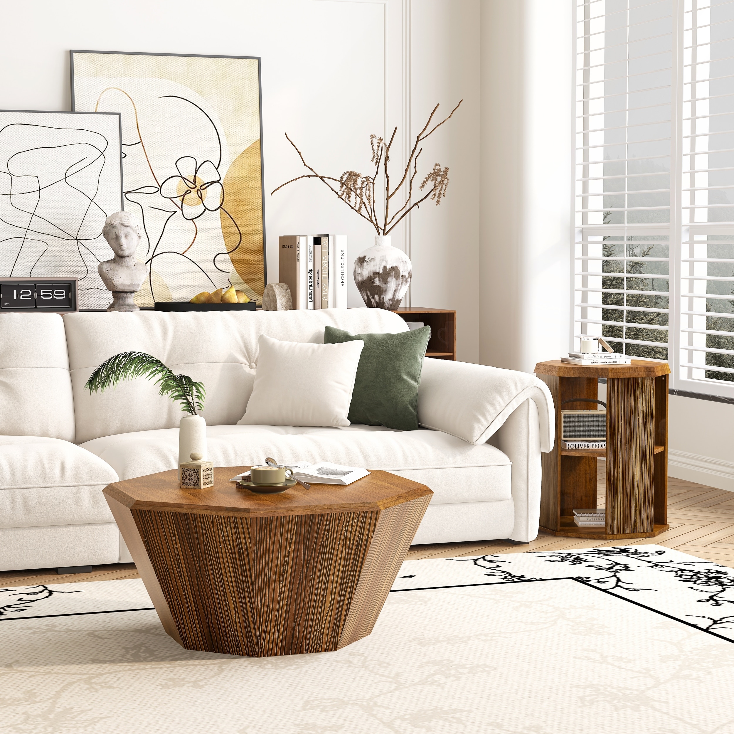 Set of Two Octagonal Natural Rubber Wood Coffee Table Set for Living Room and Bedroom